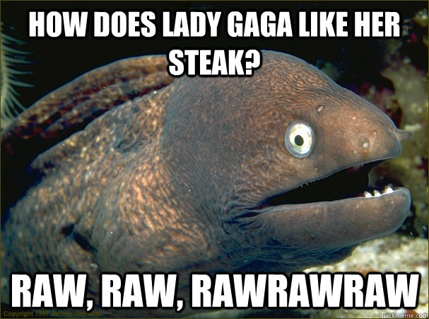 how does lady gaga like her steak? raw, raw, rawrawraw  Bad Joke Eel