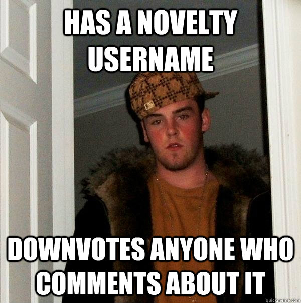 Has a novelty username Downvotes anyone who comments about it  Scumbag Steve