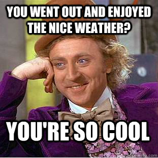 You went out and enjoyed the nice weather? You're so cool - You went out and enjoyed the nice weather? You're so cool  Condescending Wonka