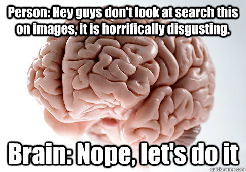 Person: Hey guys don't look at search this on images, it is horrifically disgusting. Brain: Nope, let's do it   Scumbag Brain