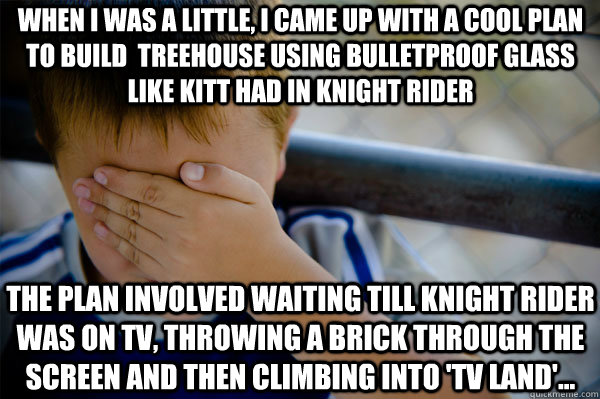 WHEN I WAS A LITTLE, I came up with a cool plan to build  treehouse using bulletproof glass like kitt had in Knight rider the plan involved waiting till knight rider was on tv, throwing a brick through the screen and then climbing into 'tv land'...  Confession kid