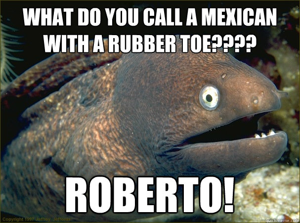 What do you call a mexican with a rubber toe???? Roberto!  Bad Joke Eel