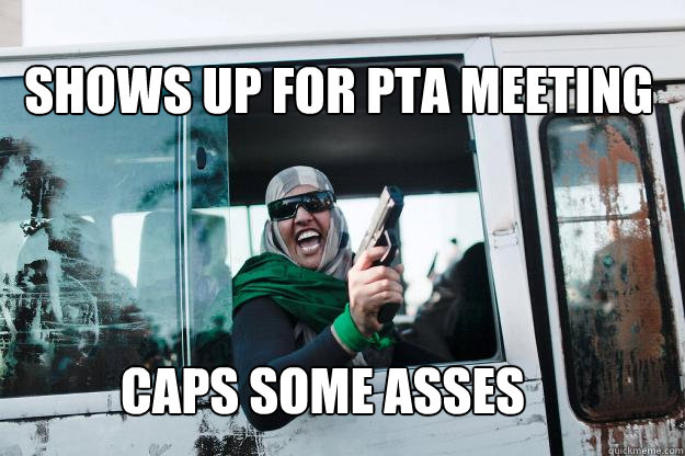 SHOWS UP FOR PTA MEETING CAPS SOME ASSES  