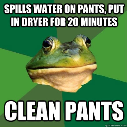 Spills water on pants, put in dryer for 20 minutes clean pants - Spills water on pants, put in dryer for 20 minutes clean pants  Foul Bachelor Frog