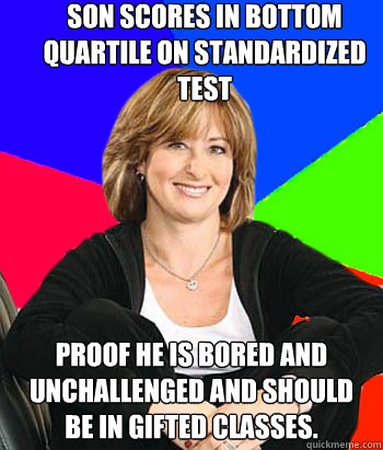 Son scores in bottom quartile on standardized test Proof he is bored and unchallenged and should be in gifted classes. - Son scores in bottom quartile on standardized test Proof he is bored and unchallenged and should be in gifted classes.  Sheltering Suburban Mom