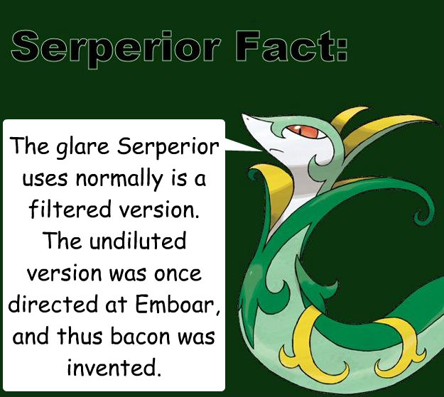 The glare Serperior uses normally is a filtered version.  The undiluted version was once directed at Emboar, and thus bacon was invented. - The glare Serperior uses normally is a filtered version.  The undiluted version was once directed at Emboar, and thus bacon was invented.  Serperior Facts