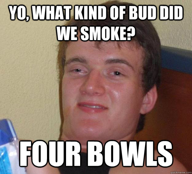 Yo, what kind of bud did we smoke? four bowls  10 Guy