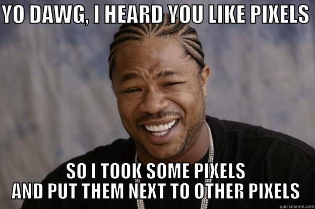 Pixels dawg - YO DAWG, I HEARD YOU LIKE PIXELS  SO I TOOK SOME PIXELS AND PUT THEM NEXT TO OTHER PIXELS Xzibit meme