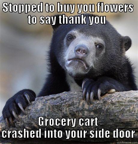 STOPPED TO BUY YOU FLOWERS TO SAY THANK YOU  GROCERY CART CRASHED INTO YOUR SIDE DOOR Confession Bear