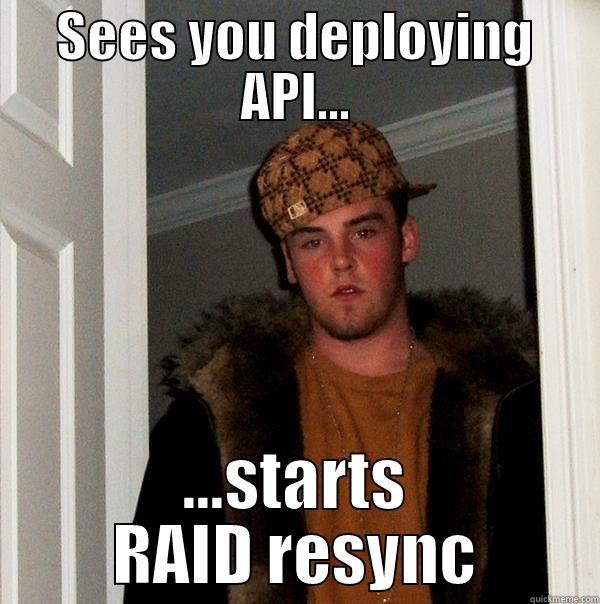 Server Scumbag - SEES YOU DEPLOYING API... ...STARTS RAID RESYNC Scumbag Steve