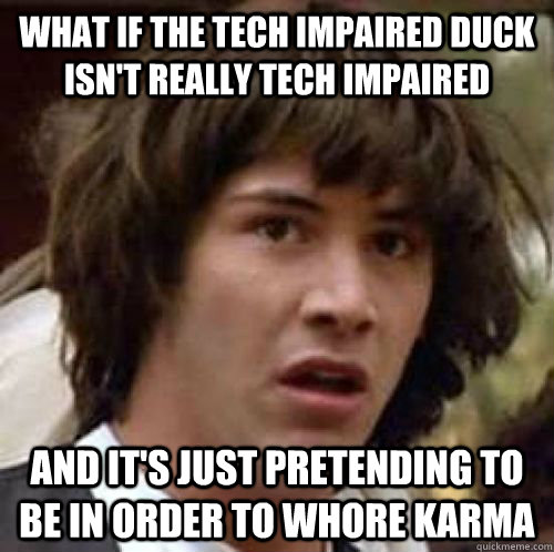 what if the tech impaired duck isn't really tech impaired and it's just pretending to be in order to whore karma - what if the tech impaired duck isn't really tech impaired and it's just pretending to be in order to whore karma  conspiracy keanu