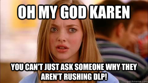 oh my god karen you can't just ask someone why they aren't rushing DLP!  Oh my god karen