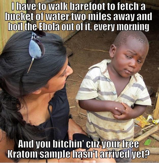 Free Kratom - I HAVE TO WALK BAREFOOT TO FETCH A BUCKET OF WATER TWO MILES AWAY AND BOIL THE EBOLA OUT OF IT, EVERY MORNING AND YOU BITCHIN' CUZ YOUR FREE KRATOM SAMPLE HASN'T ARRIVED YET? Skeptical Third World Kid