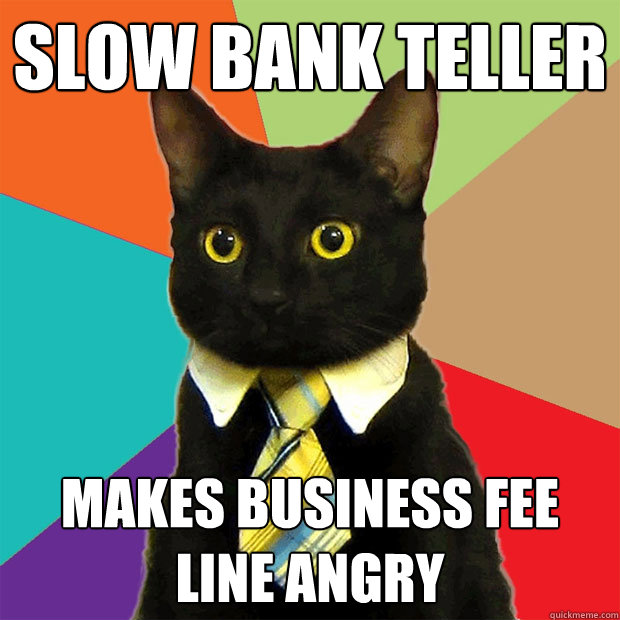 slow bank teller makes business fee line angry  Business Cat