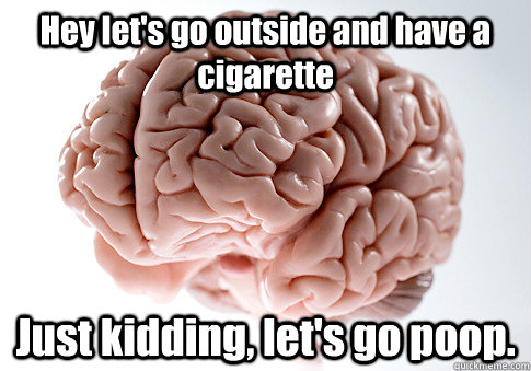 Hey let's go outside and have a cigarette Just kidding, let's go poop.  Scumbag Brain