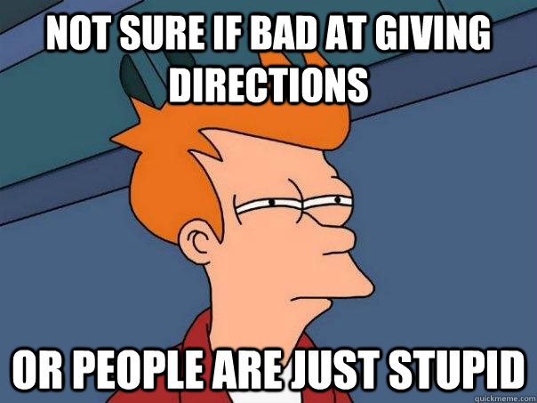 Not sure if bad at giving directions Or people are just stupid  Futurama Fry