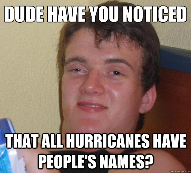 Dude have you noticed that all hurricanes have people's names?  10 Guy