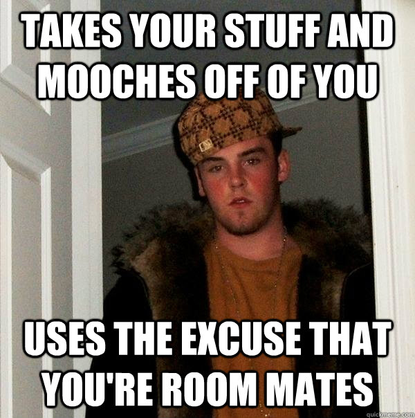 Takes your stuff and mooches off of you Uses the excuse that you're room mates  Scumbag Steve