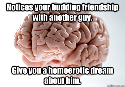 Notices your budding friendship with another guy. Give you a homoerotic dream about him.  Scumbag Brain