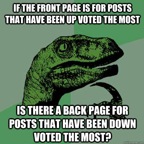 If the front page is for posts that have been up voted the most Is there a back page for posts that have been down voted the most? - If the front page is for posts that have been up voted the most Is there a back page for posts that have been down voted the most?  Philosoraptor