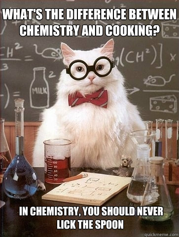 What's the difference between Chemistry and cooking?  In Chemistry, you should never lick the spoon  Chemistry Cat