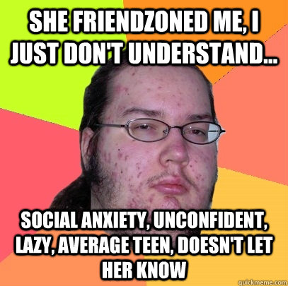 She friendzoned me, i just don't understand... Social Anxiety, Unconfident, Lazy, Average Teen, Doesn't let her know  Butthurt Dweller