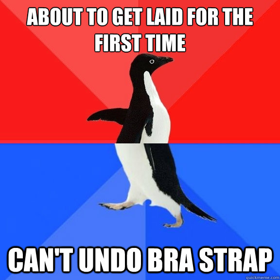 About to get laid for the first time can't undo bra strap - About to get laid for the first time can't undo bra strap  Socially Awksome Penguin