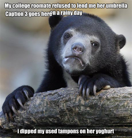 My college roomate refused to lend me her umbrella on a rainy day i dipped my used tampons on her yoghurt Caption 3 goes here  Confession Bear