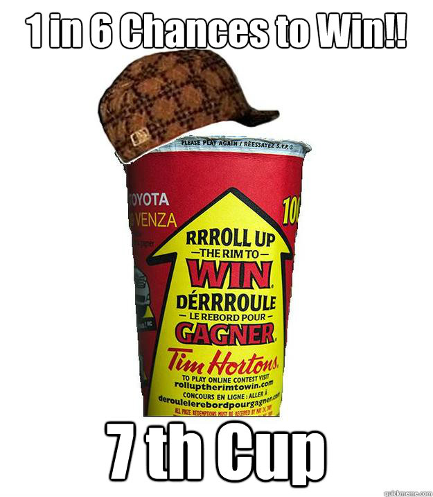 1 in 6 Chances to Win!! 7 th Cup - 1 in 6 Chances to Win!! 7 th Cup  Scumbag Tim Hortons