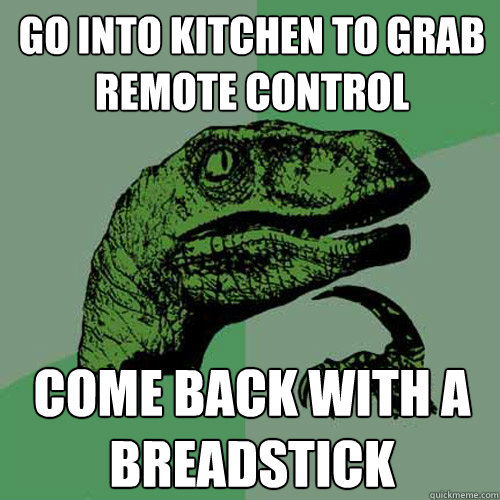 Go into kitchen to grab remote control Come back with a breadstick - Go into kitchen to grab remote control Come back with a breadstick  Philosoraptor