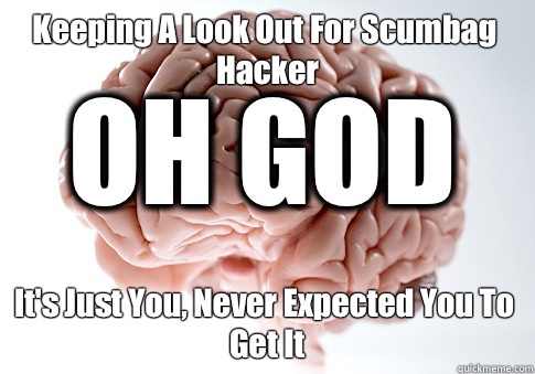 Keeping A Look Out For Scumbag Hacker It's Just You, Never Expected You To Get It OH GOD  Scumbag Brain