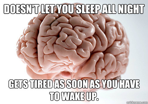 Doesn't let you sleep all night  Gets tired as soon as you have to wake up.  Scumbag Brain