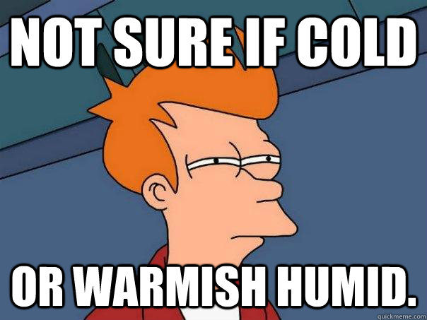 Not sure if cold or warmish humid.  Futurama Fry