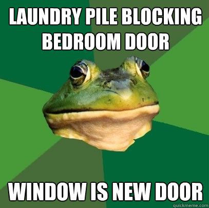 Laundry pile blocking bedroom door window is new door  Foul Bachelor Frog