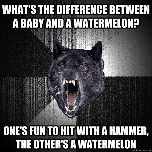 What's the difference between a baby and a watermelon? One's fun to hit with a hammer, the other's a watermelon  Insanity Wolf