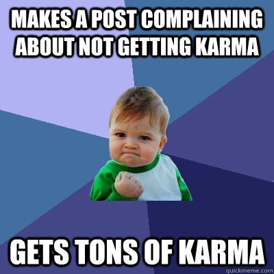 Makes a post complaining about not getting karma Gets tons of karma  Success Kid