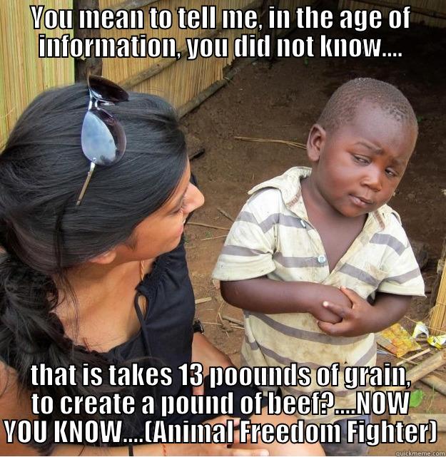 YOU MEAN TO TELL ME, IN THE AGE OF INFORMATION, YOU DID NOT KNOW.... THAT IS TAKES 13 POOUNDS OF GRAIN, TO CREATE A POUND OF BEEF?....NOW YOU KNOW....(ANIMAL FREEDOM FIGHTER) Skeptical Third World Kid