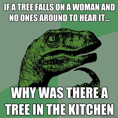 if a tree falls on a woman and no ones around to hear it... why was there a tree in the kitchen  Philosoraptor