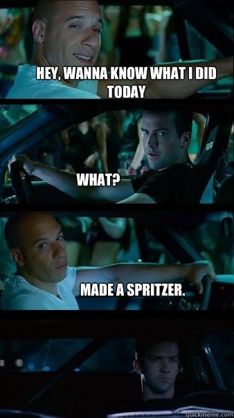 Hey, wanna know what i did today What? made a spritzer. - Hey, wanna know what i did today What? made a spritzer.  Fast and Furious