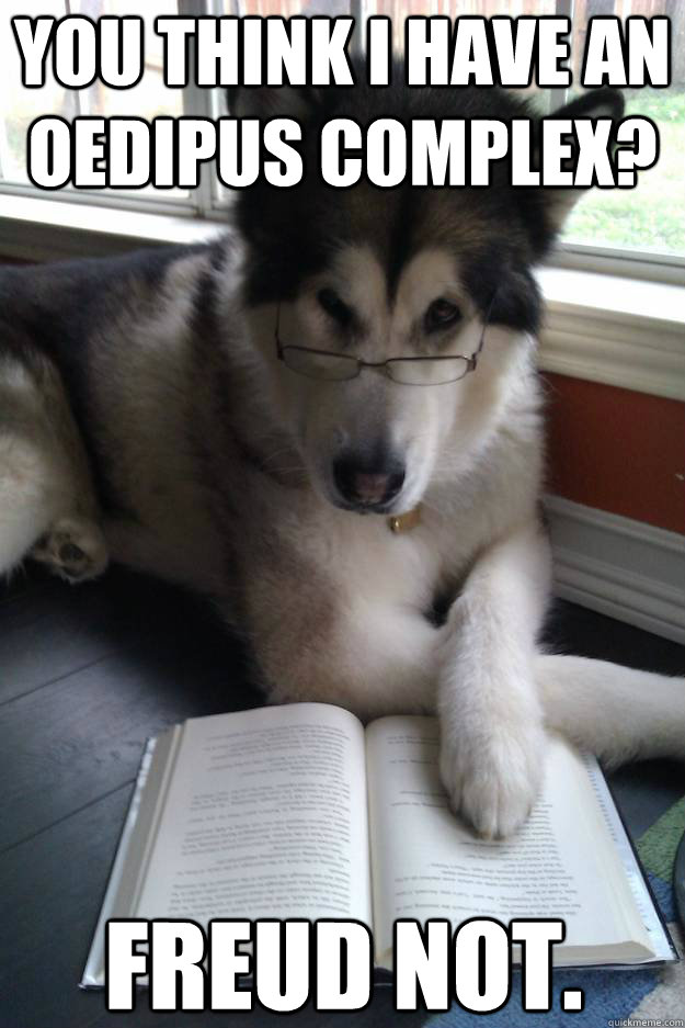 You think I have an oedipus complex? Freud not.   Condescending Literary Pun Dog