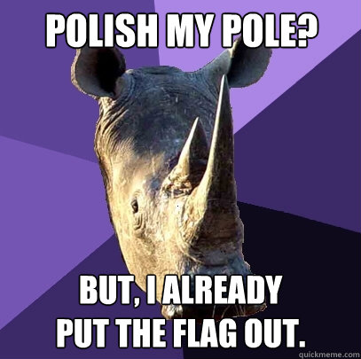 Polish my pole? But, I already
put the flag out. - Polish my pole? But, I already
put the flag out.  Sexually Oblivious Rhino