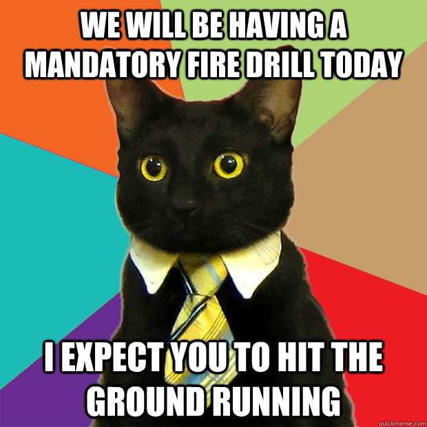 we will be having a mandatory fire drill today i expect you to hit the ground running  Business Cat