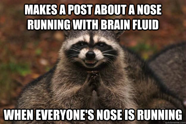 makes a post about a nose running with brain fluid when everyone's nose is running  Evil Plotting Raccoon