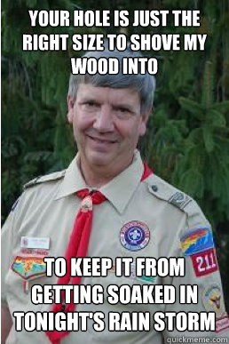 Your hole is just the right size to shove my wood into to keep it from getting soaked in tonight's rain storm  Harmless Scout Leader