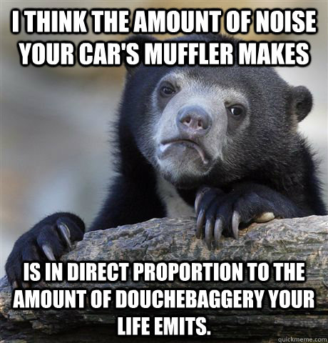 I think the amount of noise your car's muffler makes is in direct proportion to the amount of douchebaggery your life emits. - I think the amount of noise your car's muffler makes is in direct proportion to the amount of douchebaggery your life emits.  Confession Bear