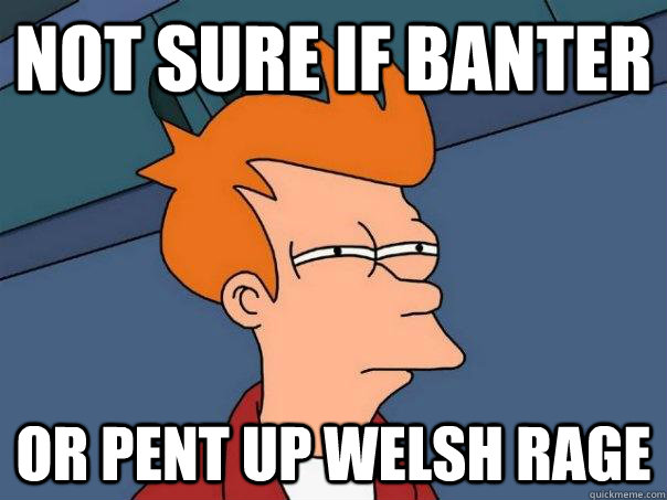 Not sure if banter Or pent up Welsh rage  Futurama Fry