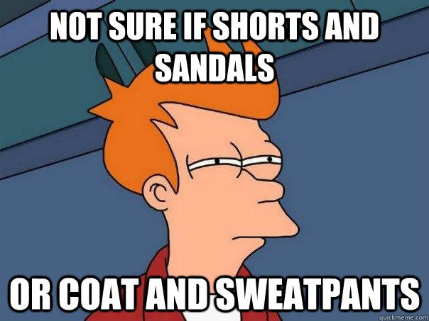 Not sure if shorts and sandals Or coat and sweatpants  Futurama Fry