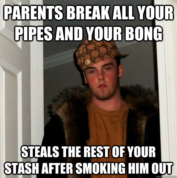 Parents break all your pipes and your bong Steals the rest of your stash after smoking him out  Scumbag Steve