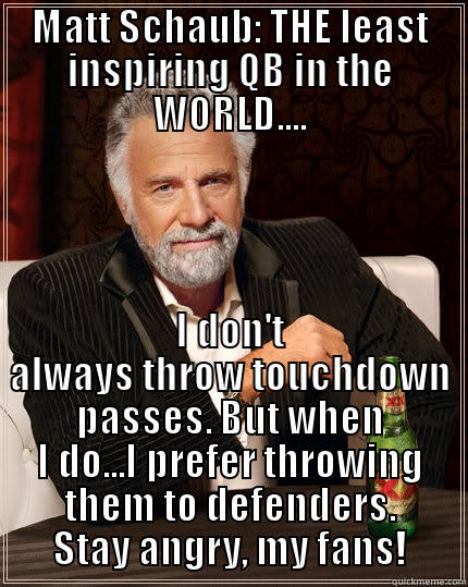 MATT SCHAUB: THE LEAST INSPIRING QB IN THE WORLD.... I DON'T ALWAYS THROW TOUCHDOWN PASSES. BUT WHEN I DO...I PREFER THROWING THEM TO DEFENDERS. STAY ANGRY, MY FANS! The Most Interesting Man In The World