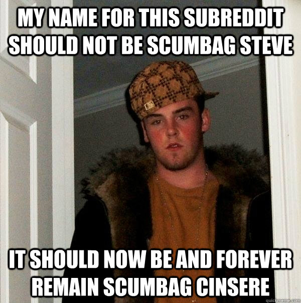 My name for this subreddit should not be scumbag steve It should now be and forever remain scumbag cinsere  Scumbag Steve